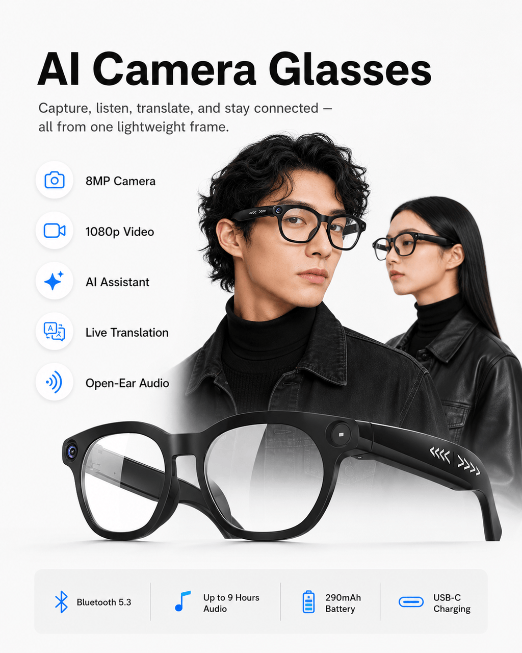 VIZEN AI Camera Glasses – HD Video, Translation & 2-in-1 Lenses