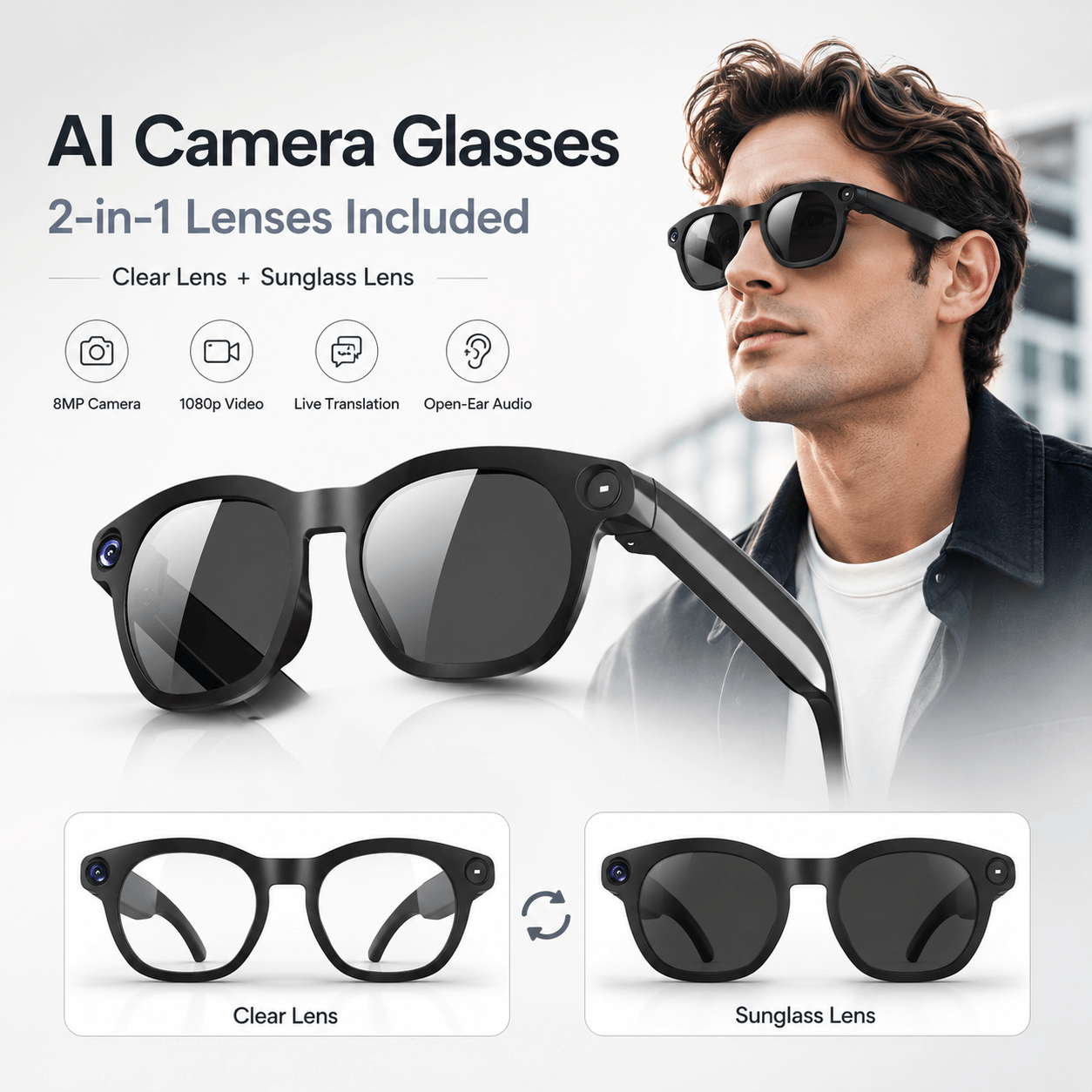 VIZEN AI Camera Glasses – HD Video, Translation & 2-in-1 Lenses